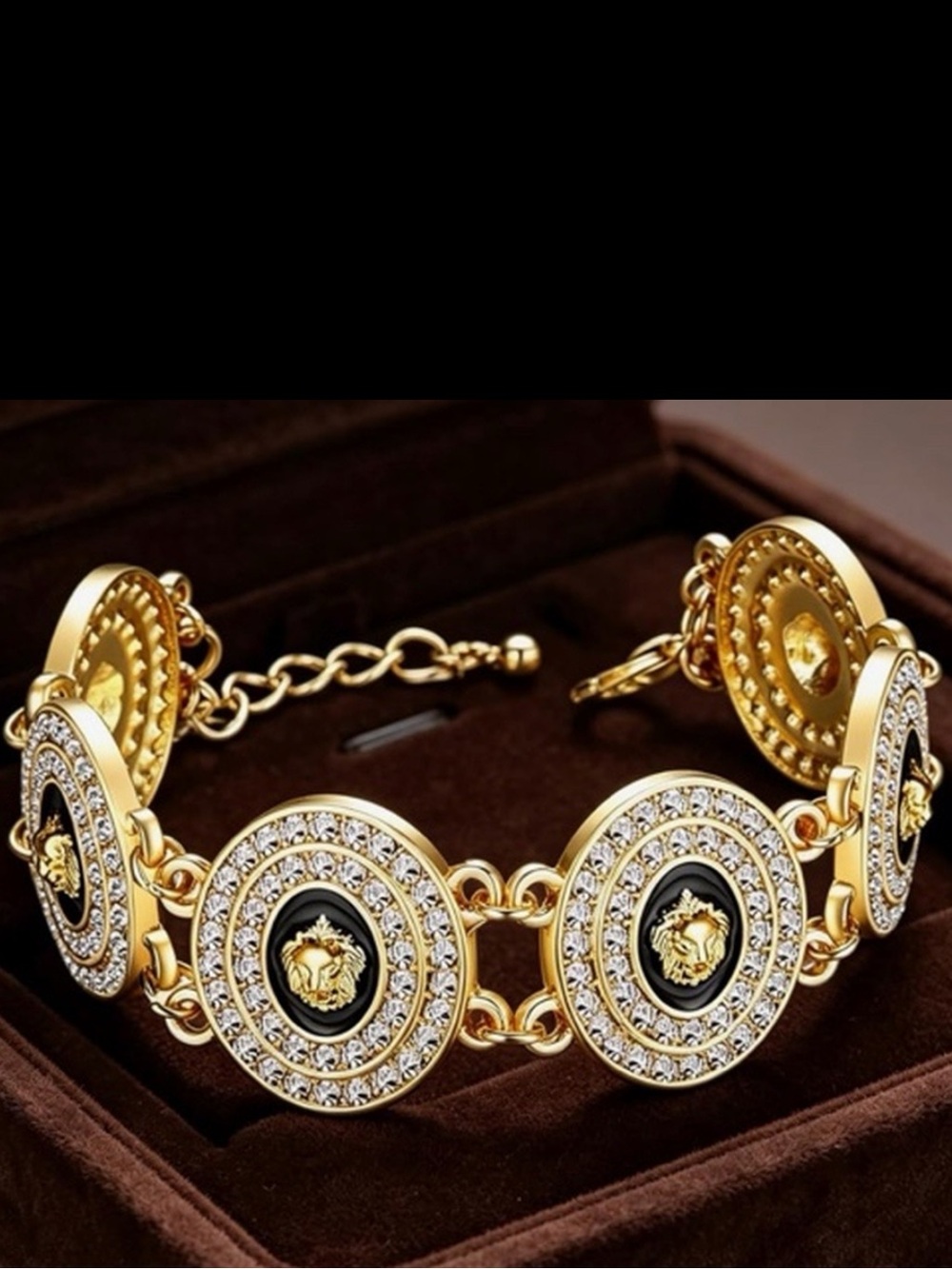 Gold Lion Medallion Crystal Link Bracelet
